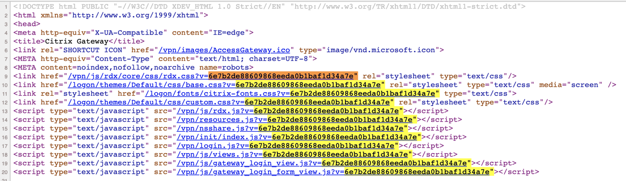 Here we see the parameter ?v=6e7b2de88609868eeda0b1baf1d34a7e appended to several resource URLs