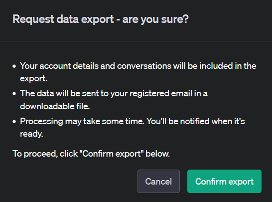 screenshot of ChatGPT request data export popup