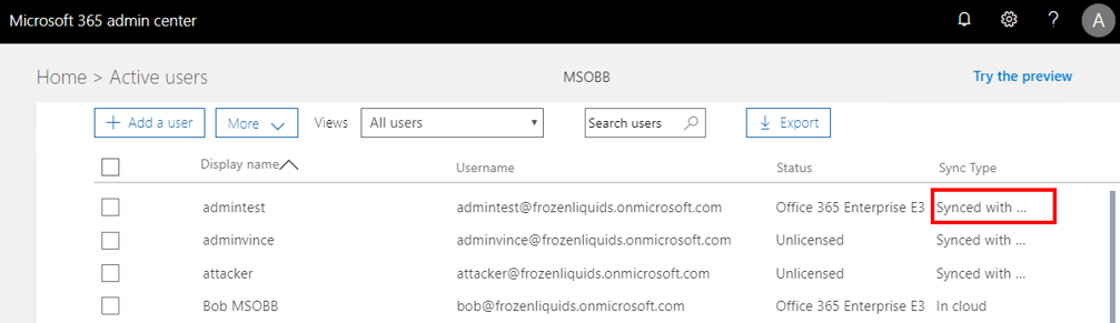 In the Microsoft 365 admin center this user now shows up as Synced with on-premise