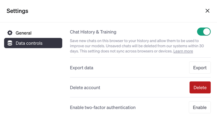 screenshot of ChatGPT data controls settings